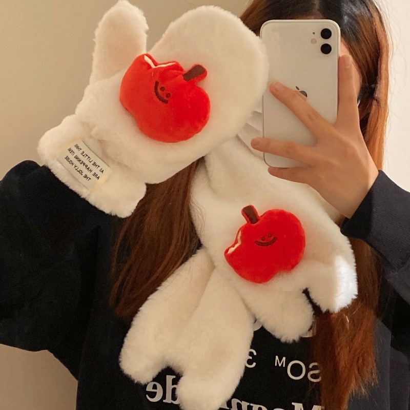 Cute apple plush gloves for women 2024 new style for autumn and winter cycling warmth, fleece windproof, neck-hanging and finger-connecting for cold protection Specification drawing
