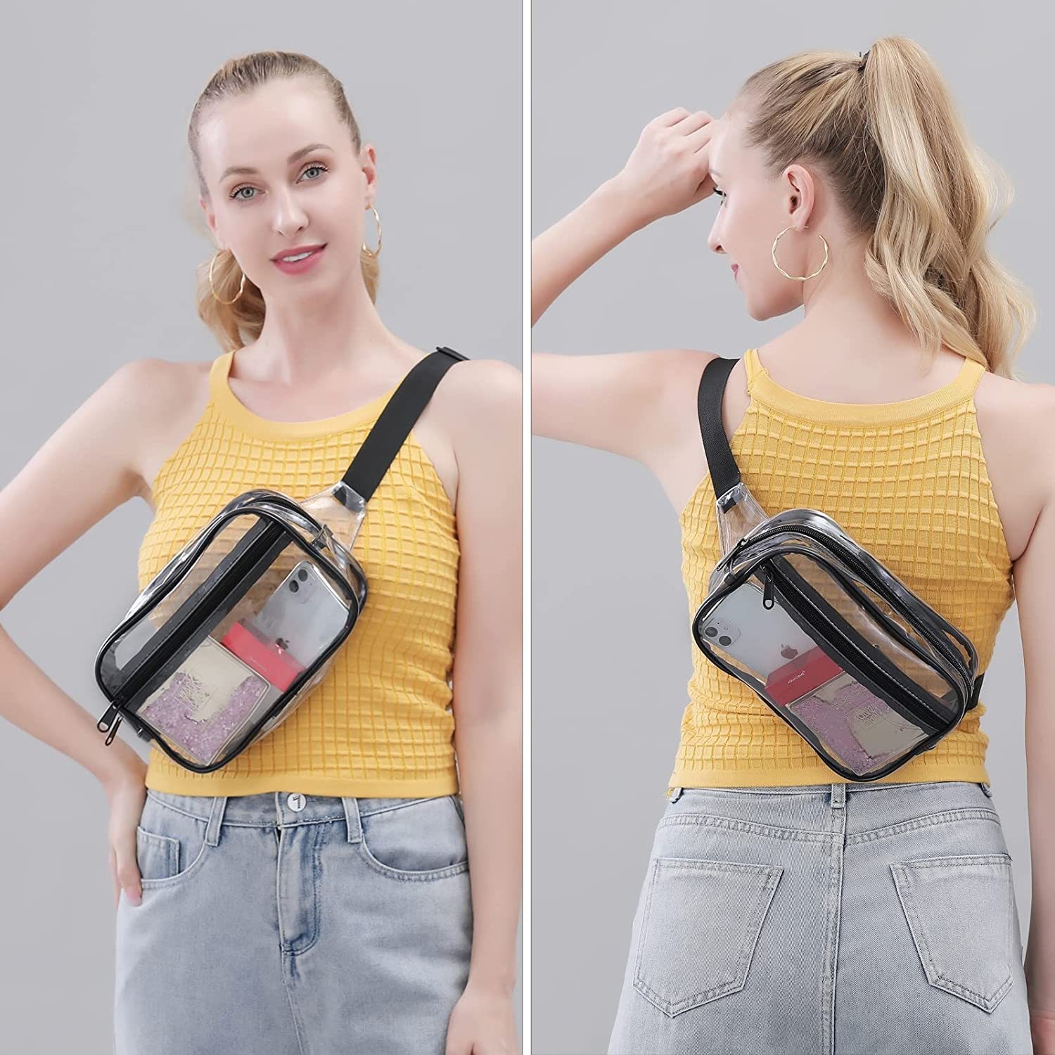The transparent waist bag men's and women's stadium approved belt straps with adjustable shoulder straps are suitable for festival game trips full figure