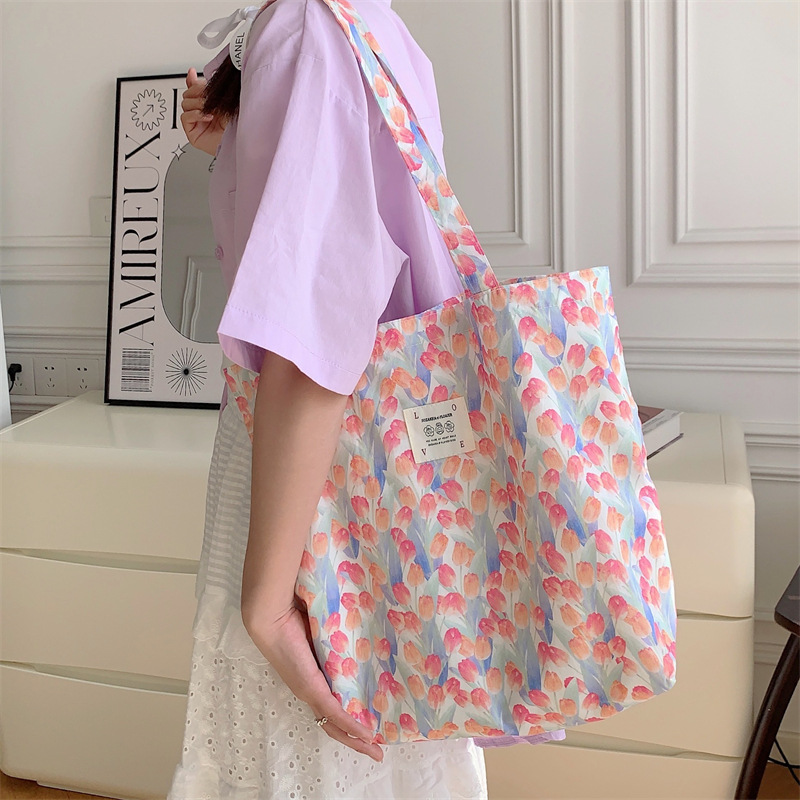 Wholesale of 26101 new Tote bag, large capacity, stylish floral canvas single-shoulder bag, hand-held female student shopping bag Specification drawing