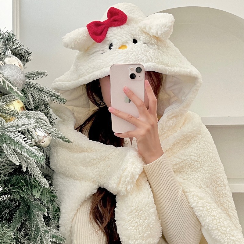 Cute cartoon kitten shawl 2024 new autumn and winter thickened warm blanket with hat, velvet blanket, nap blanket cape full figure