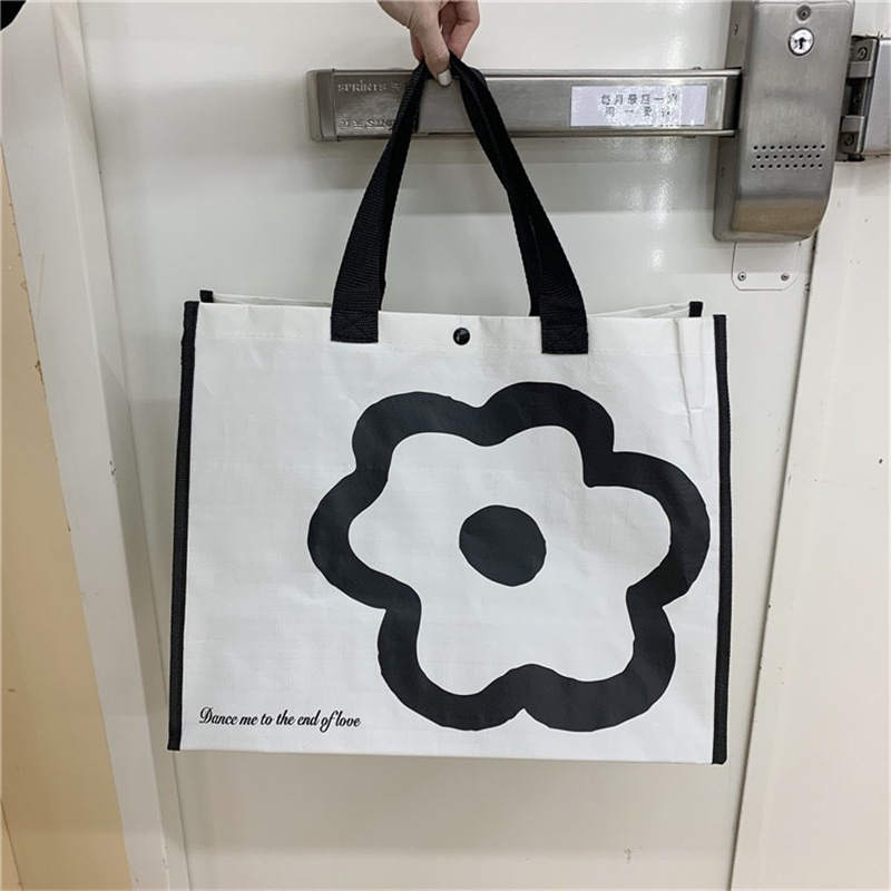 Korean minimalist ins black and white flower large-capacity hand-held shopping bag, single-shoulder large-sized eco-friendly shopping bag details Picture