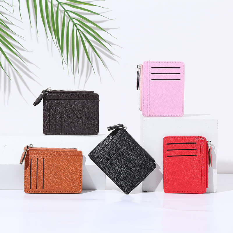 Ladies' bag, card case, simple and elegant coin purse, small zipper, solid color, lychee pattern business card holder full figure
