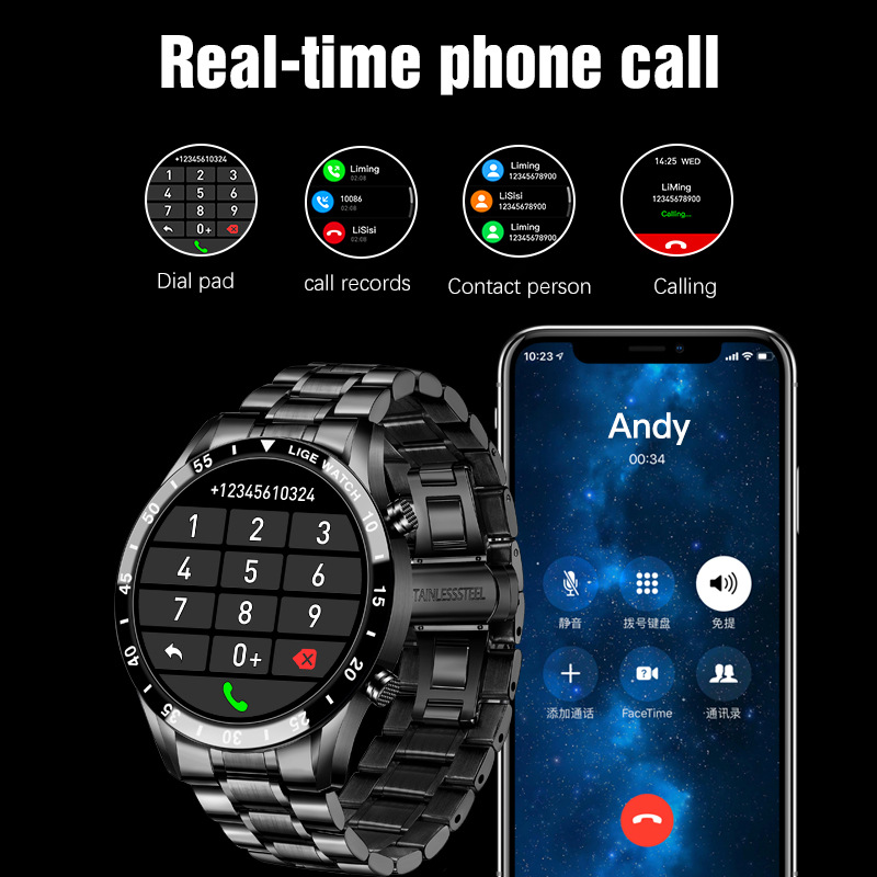 LIGE cross-border exclusive full touch screen Bluetooth call smartwatch, IP67 waterproof step count heart rate sports watch details Picture