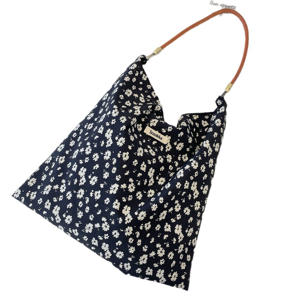5642 Korean niche retro floral contrasting color artistic canvas bag, sweet and versatile student single-shoulder crossbody bag Item Picture