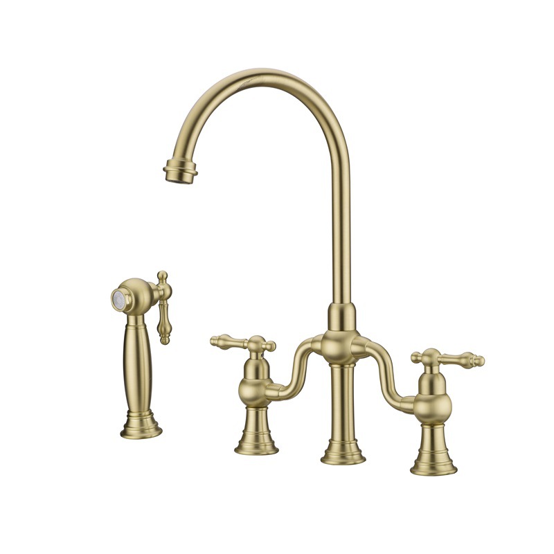 Kaiping Youjia Sanitary Ware underbody basin three-hole cold and hot faucet, brushed gold double handle with spray gun, American-style faucet 33046 full figure