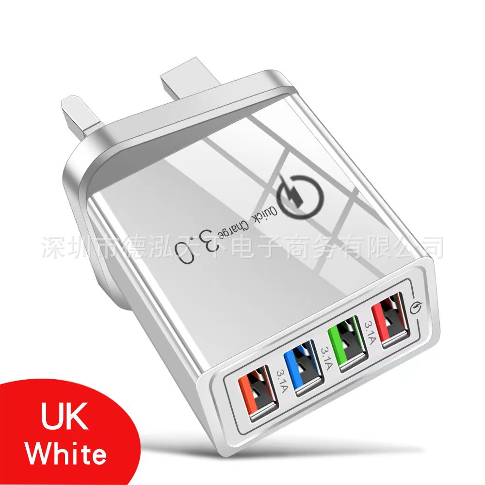 4USB mobile phone multi-port charger, 5V2A power adapter, travel wall charger plug, European, American and British standard charger head wholesale Specification drawing