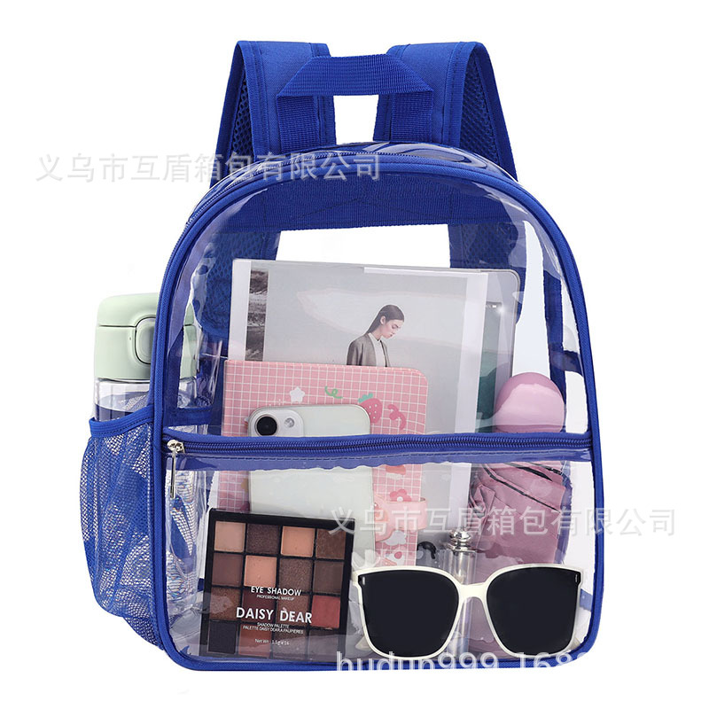 The student transparent, dirt-proof and waterproof pvc see-through backpack is suitable for school sports work, stadiums and safe travel full figure
