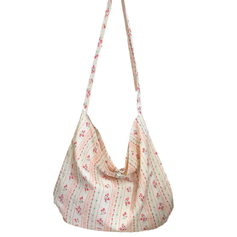 13165 canvas bag, new striped floral canvas bag, tote bag, single-shoulder handbag, niche artistic underarm bag Item Picture