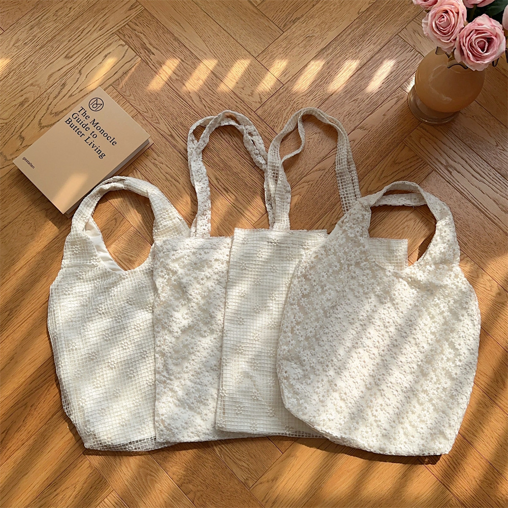 5393 Korean-style mesh flower single-shoulder bag, large capacity underarm bag, spring and summer fairy girl bag, student canvas bag details Picture