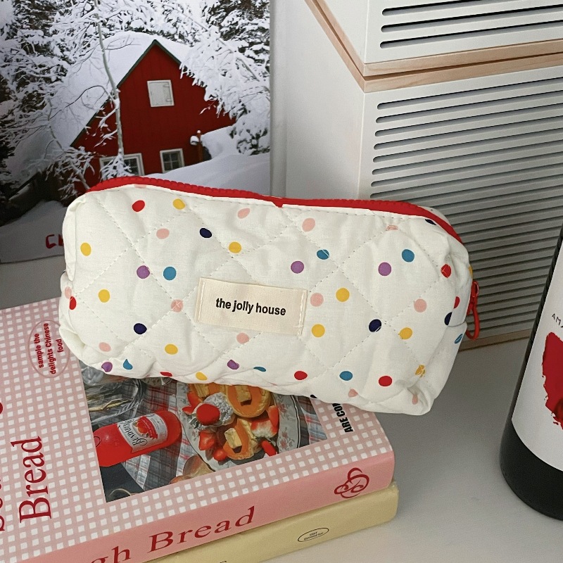 Large-capacity pen case in ins, high appearance level, colorful polka dot quilted stationery storage bag, pencil cases for junior and senior high school students Item Picture