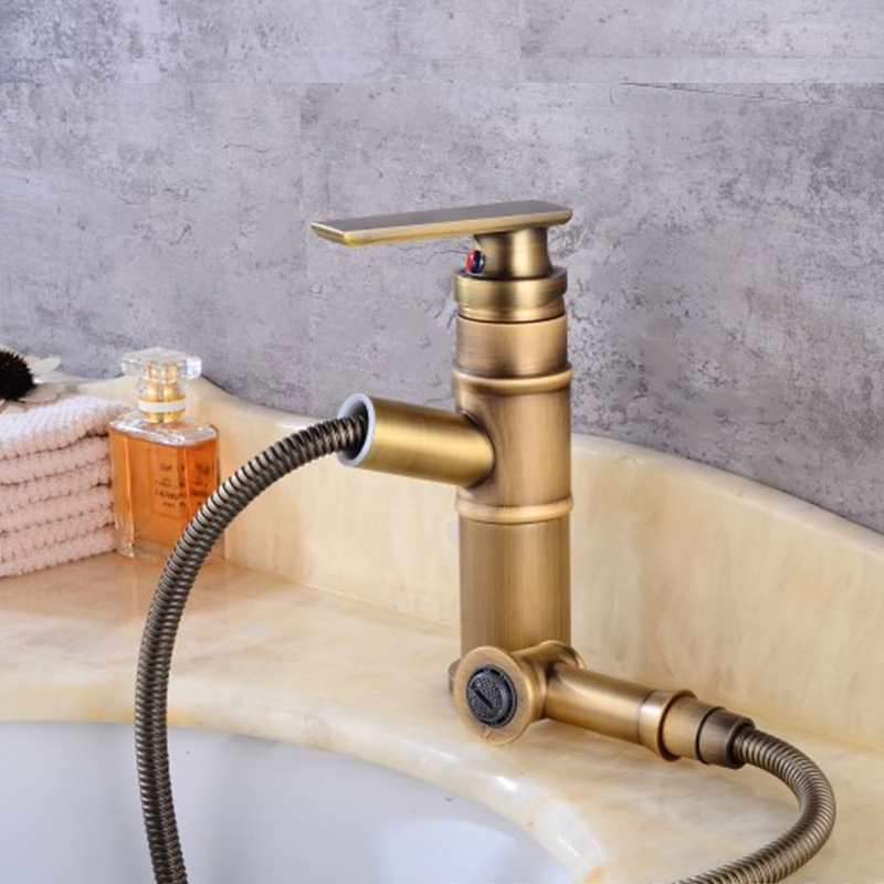 Antique-style bamboo joint pull-out faucet, cold and hot all-copper, retro undermount basin, washbasin, retractable washbasin, new Chinese style Specification drawing