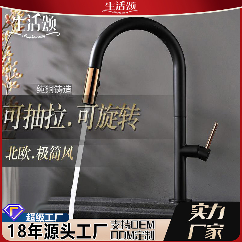 Cross-border Nordic all-copper kitchen pull-out faucet, hot and cold sink, washing basin, black export washbasin faucet full figure
