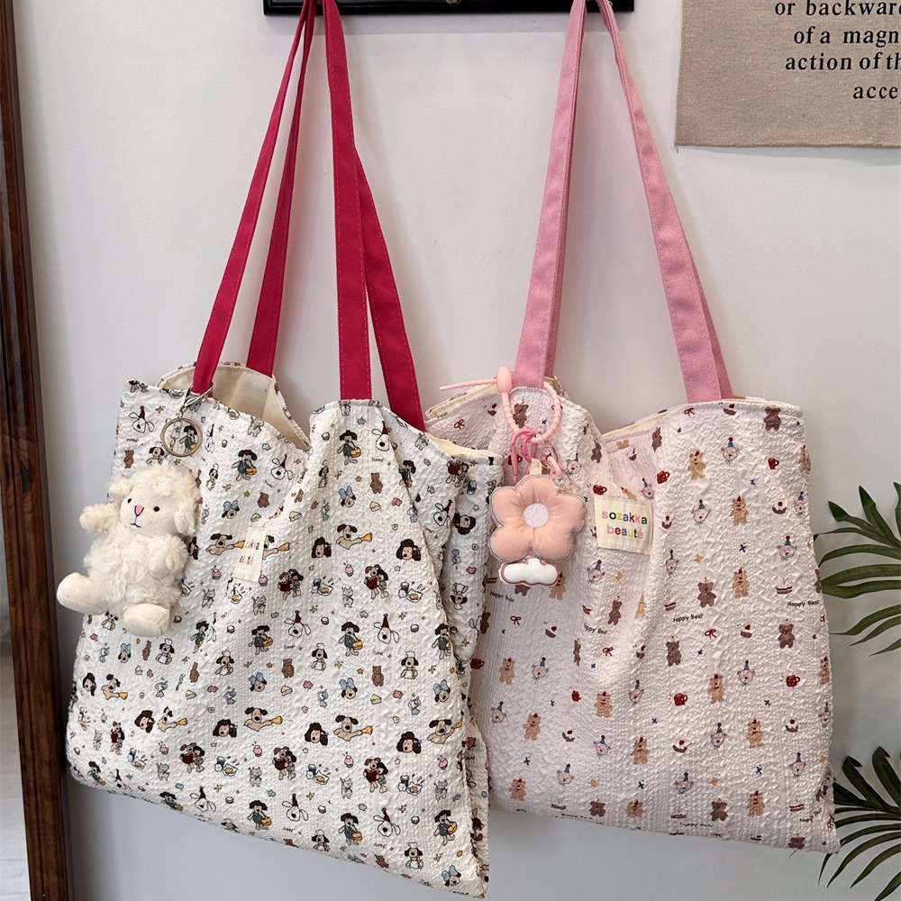 4431 Cute and sweet printed double-layer canvas bag for summer, new large-capacity casual hand-held shoulder bag full figure