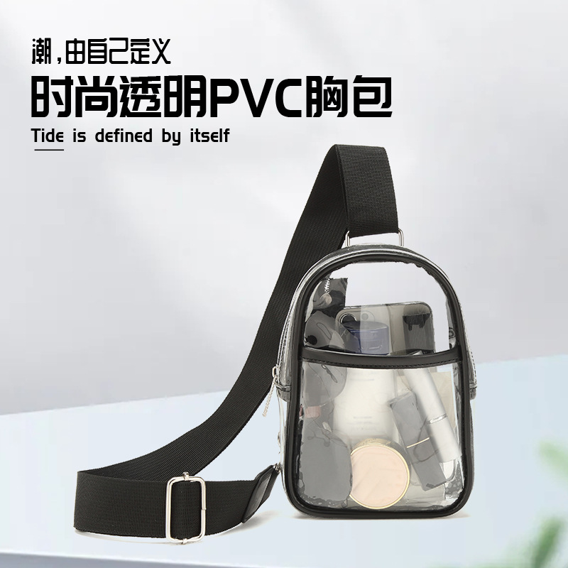 New cross-border pvc single-shoulder bag, transparent crossbody bag, fashionable Korean style men's and women's small chest bag, waterproof sports hanging bag full figure