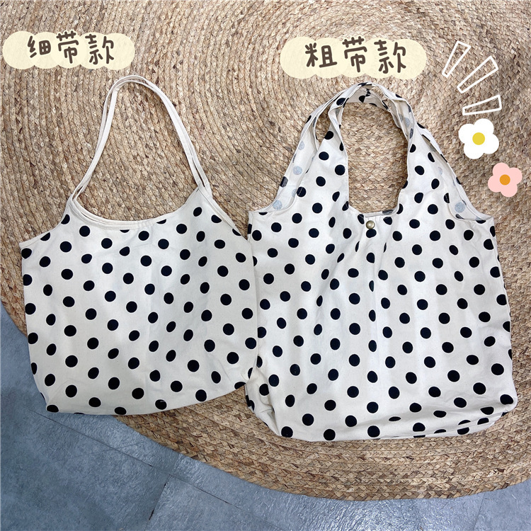 0771 Korean-style chic polka dot tote Bag for female students, simple and retro Artistic canvas bag, hand and shoulder bag wholesale Item Picture