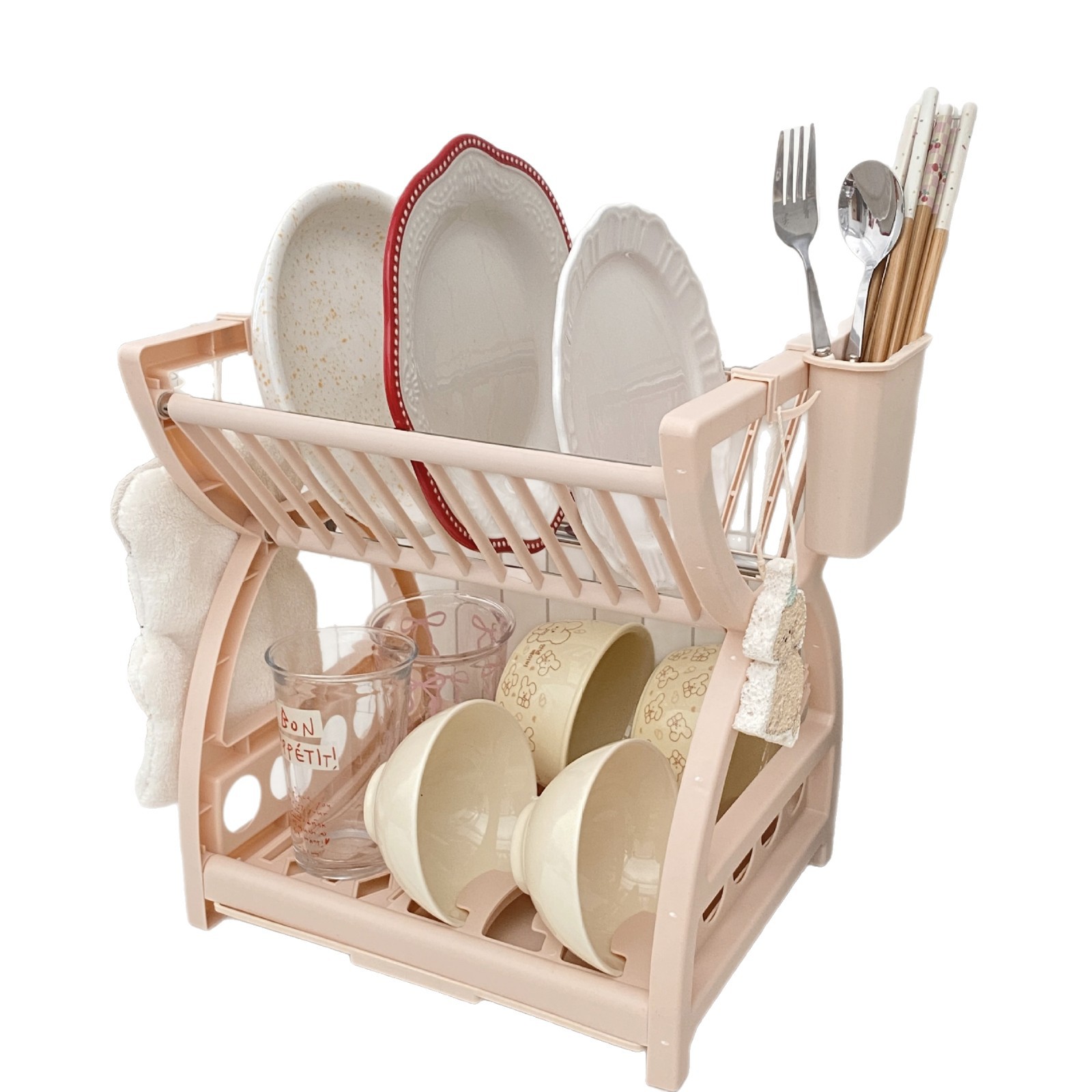 Minimalist kitchen storage rack, multi-functional storage rack for bowls, plates, chopsticks, knives, double-layer tableware draining rack and storage box Item Picture