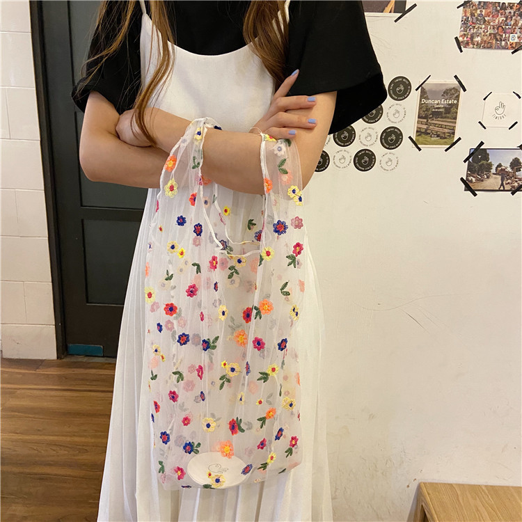 0492 New style mesh embroidered colorful flower fairy Bag, cute and fresh mesh hand-carry bag wholesale supply details Picture