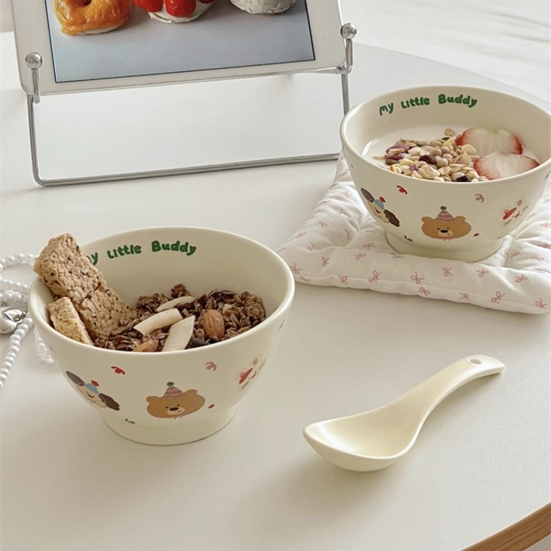 ins cute and playful ceramic bowls, retro home dessert bowls, breakfast bowls, small soup bowls, rice bowls, student tableware details Picture