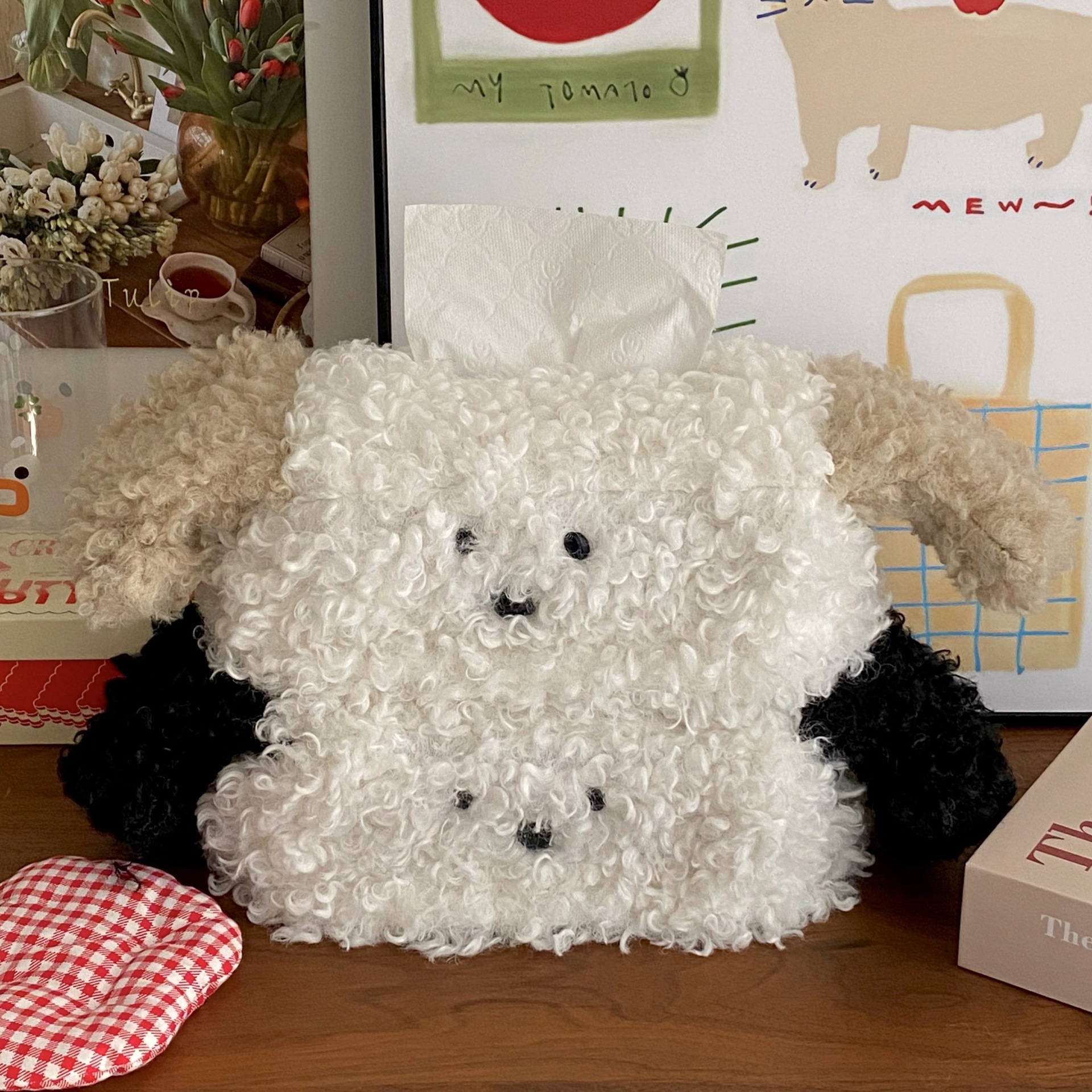 ins plush puppy tissue box, creative desktop coffee table tissue set, home living room tissue pack, car-mounted storage bag details Picture