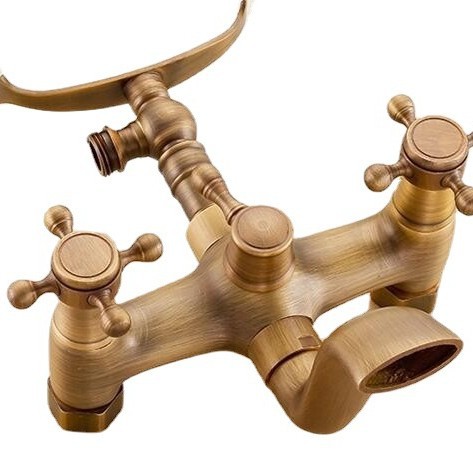 Brass antique bathtub faucet set with twisted base, wall-mounted double-handle telephone shower head set for bathing Item Picture