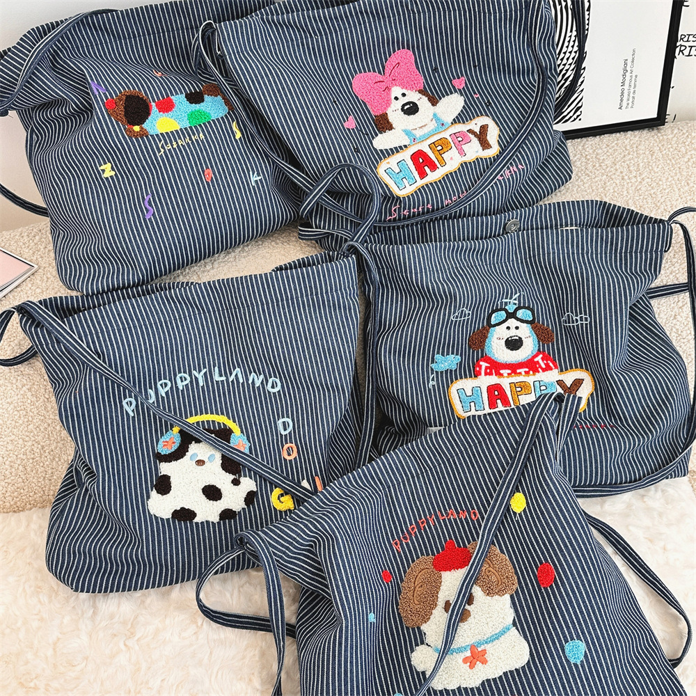 49251 Korean-style artistic and cute puppy cartoon embroidered striped canvas bag for students, single-shoulder crossbody bag for girls full figure