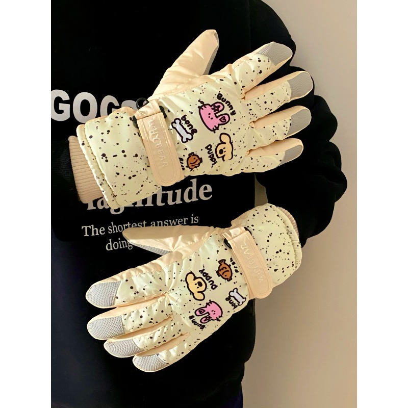 Cartoon Spotted dog ski gloves, winter fleece, outdoor cycling windproof, waterproof, cold-proof and warm, touch screen for women full figure