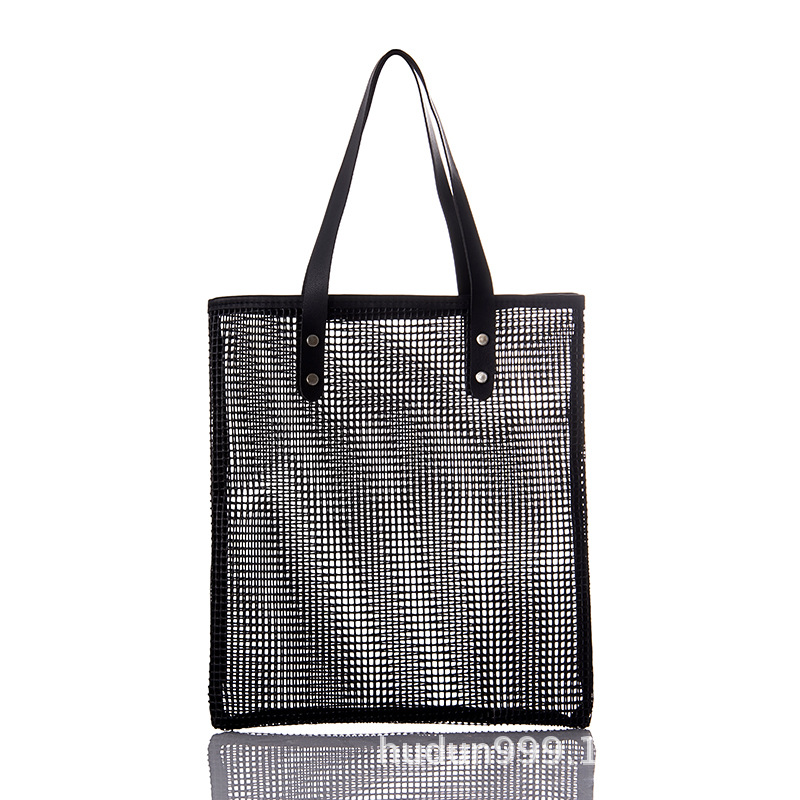 Korean-style beach bag, large-capacity grid vacation seaside transparent hand-held shoulder bag, trendy shopping bag Item Picture
