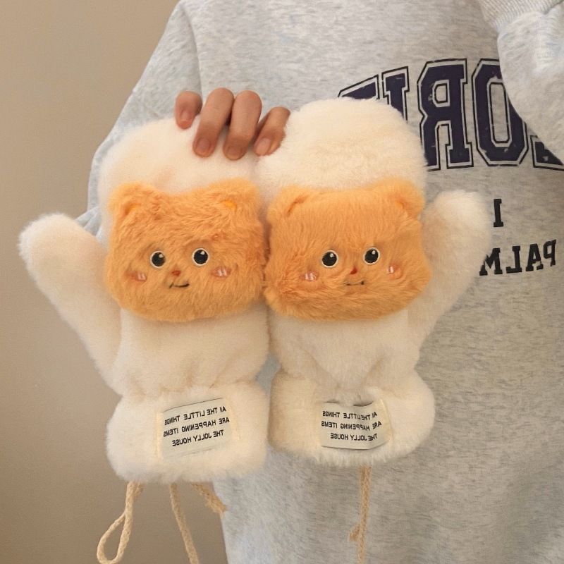 Cute butter little figure gloves for women, winter fleece warmth, versatile and fluffy cycling gloves for cold and wind protection details Picture