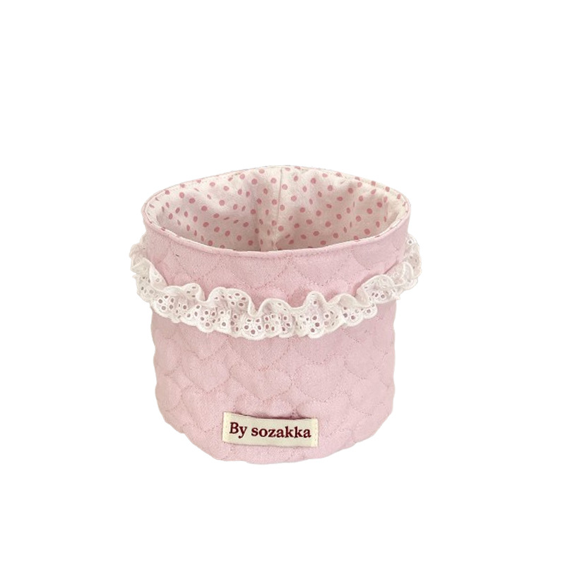 5181 Korean-style quilted girl fabric storage basket, desktop storage and organization basket, cylindrical miscellaneous and snack storage basket Item Picture