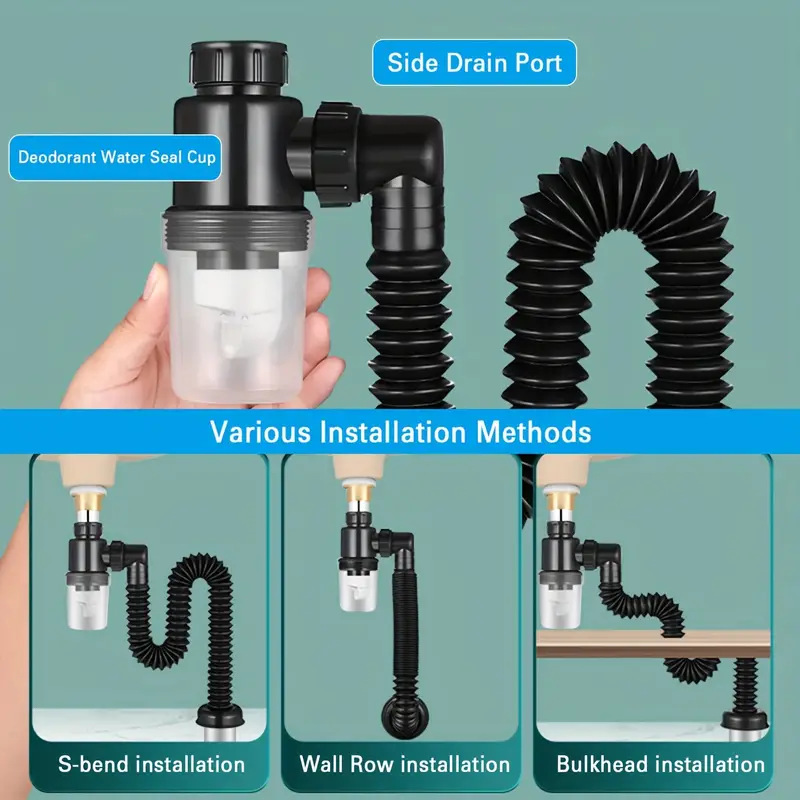 Washbasin anti-odor drain P-shaped drain black P-shaped drain anti-odor transparent drain high-end bathroom cabinet universal style Application Scenario