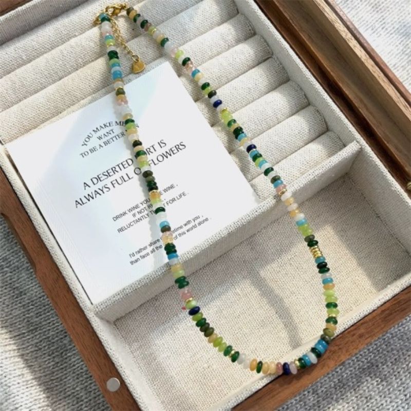 国潮系列民族风新中式复古国潮天然石彩色绿色算盘串珠项链女颈链轻奢小众高级感叠戴锁骨链