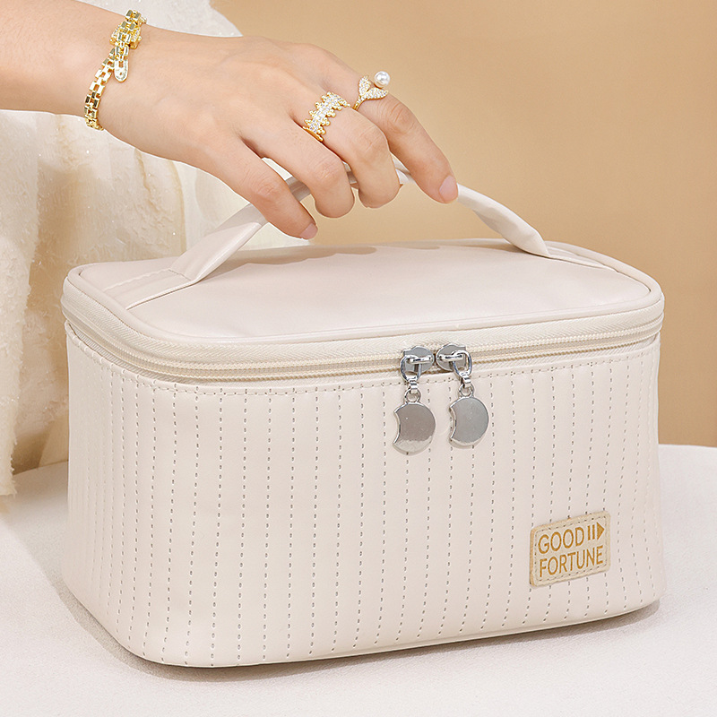 Open-lid cake makeup bag, PU solid color hand-held toiletry bag, cosmetics storage bag, makeup bag, large capacity, high-end feel full figure