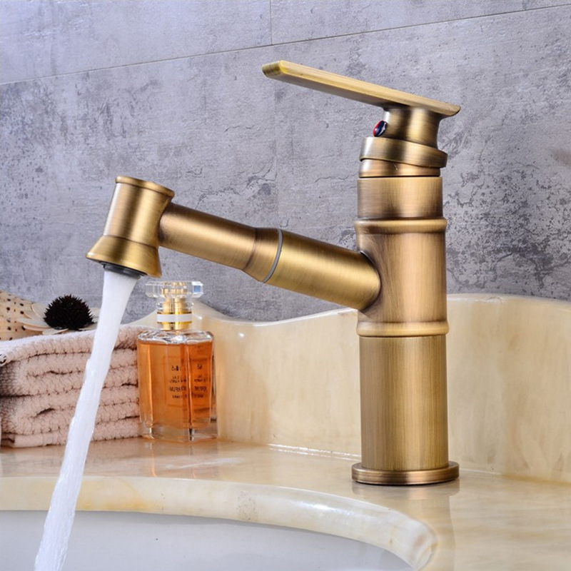 Antique-style bamboo joint pull-out faucet, cold and hot all-copper, retro undermount basin, washbasin, retractable washbasin, new Chinese style details Picture