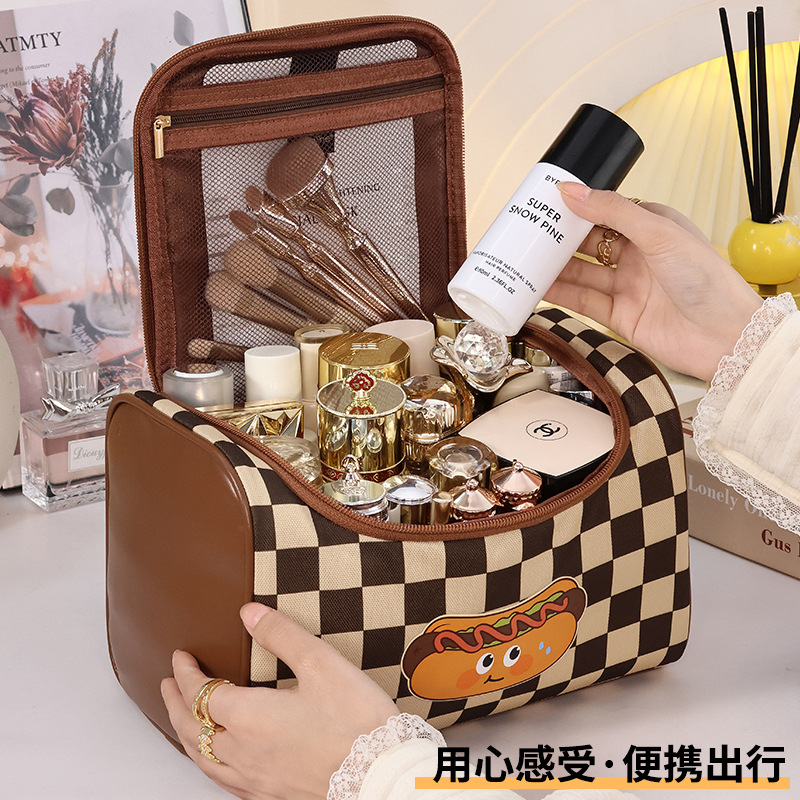 New cosmetic bag with high appearance level, large capacity for women, hot dog, checkered portable travel cosmetics, toiletry bag and storage bag details Picture