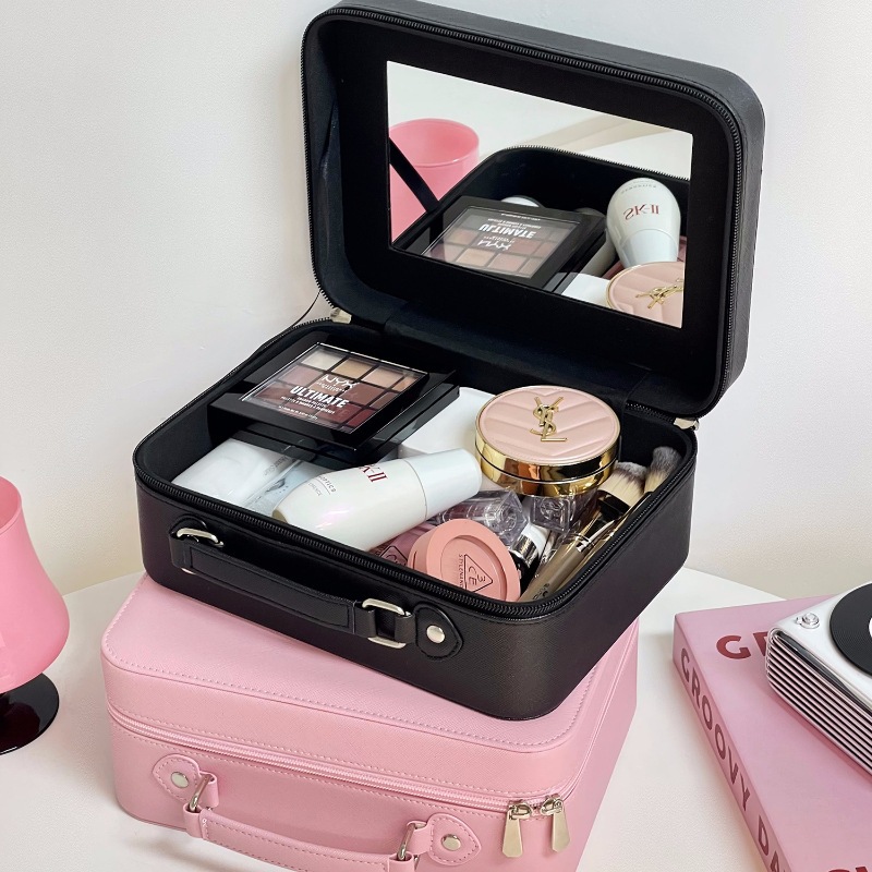 A high-appearation-level makeup bag with an ins style, extremely popular and simple makeup case with a mirror, a portable large-capacity travel makeup storage box details Picture
