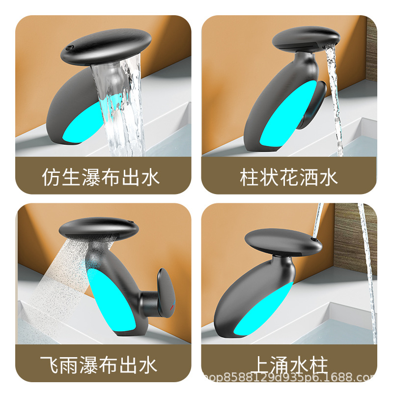 The popular ET penguin pull-out faucet, hot and cold rotating top spray, ambient light, washbasin, bathroom basin, splash-proof hand washing details Picture