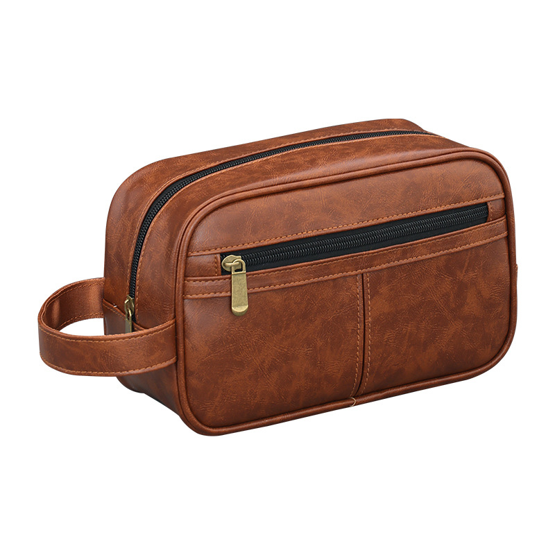 Cross-border new retro PU hand-held toiletry bag, large-capacity men's skin care product storage bag, portable travel toiletry bag Item Picture