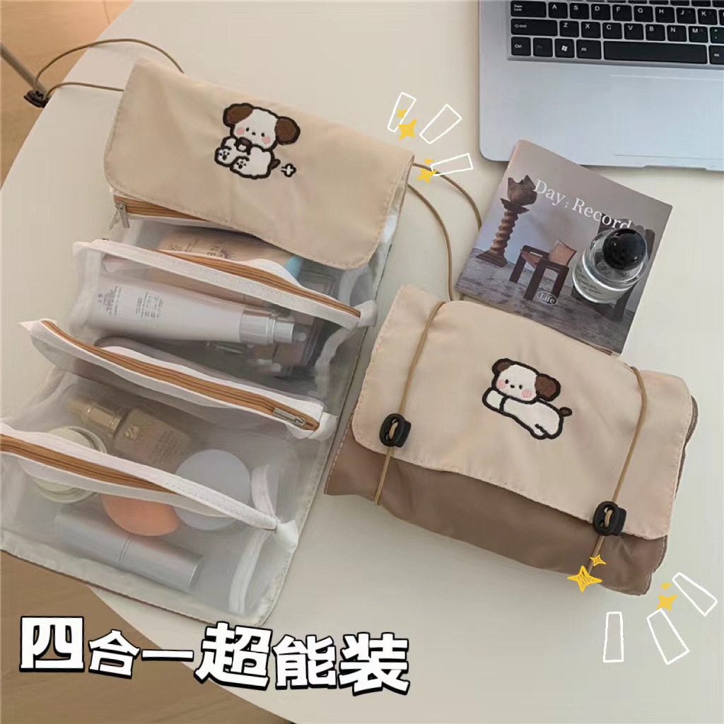 Cartoon detachable mesh four-in-one large capacity folding cosmetics storage bag, travel portable toiletry and makeup bag full figure