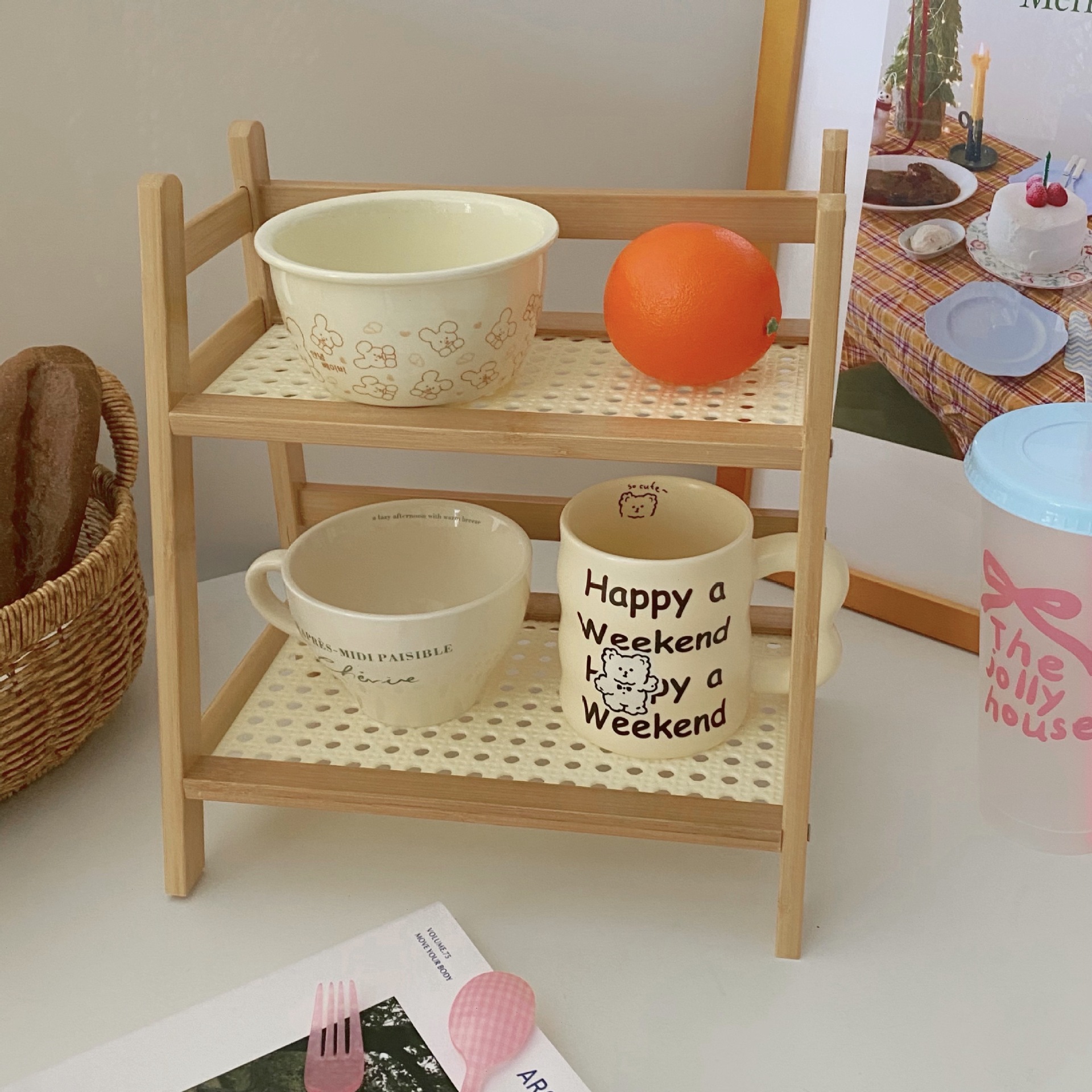 Double-layer desktop storage rack, large Chinese-style rattan cream-colored cup holder for dormitory, bedroom, office and kitchen Item Picture