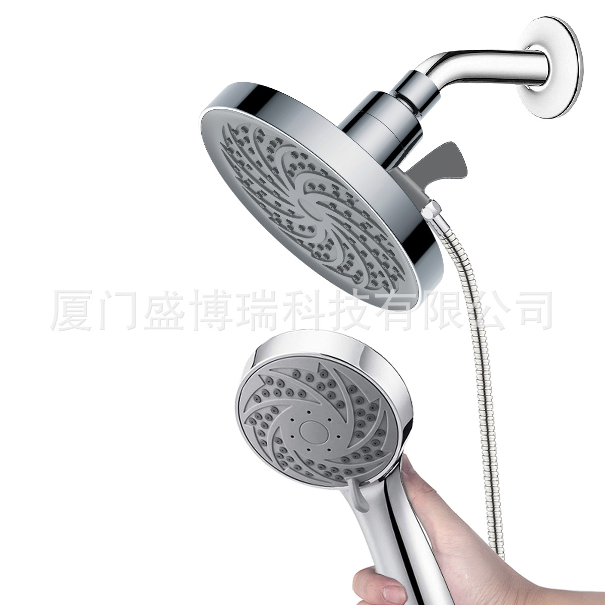 Cross-border 3-function handheld circular pressurized top spray with three-way manifold set, American-style shower double showerhead set Specification drawing