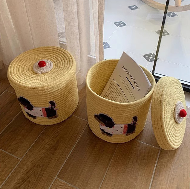 Creative Little dog woven cotton thread basket, large-capacity dust-proof storage bucket with lid, storage basket, household sundries storage basket details Picture