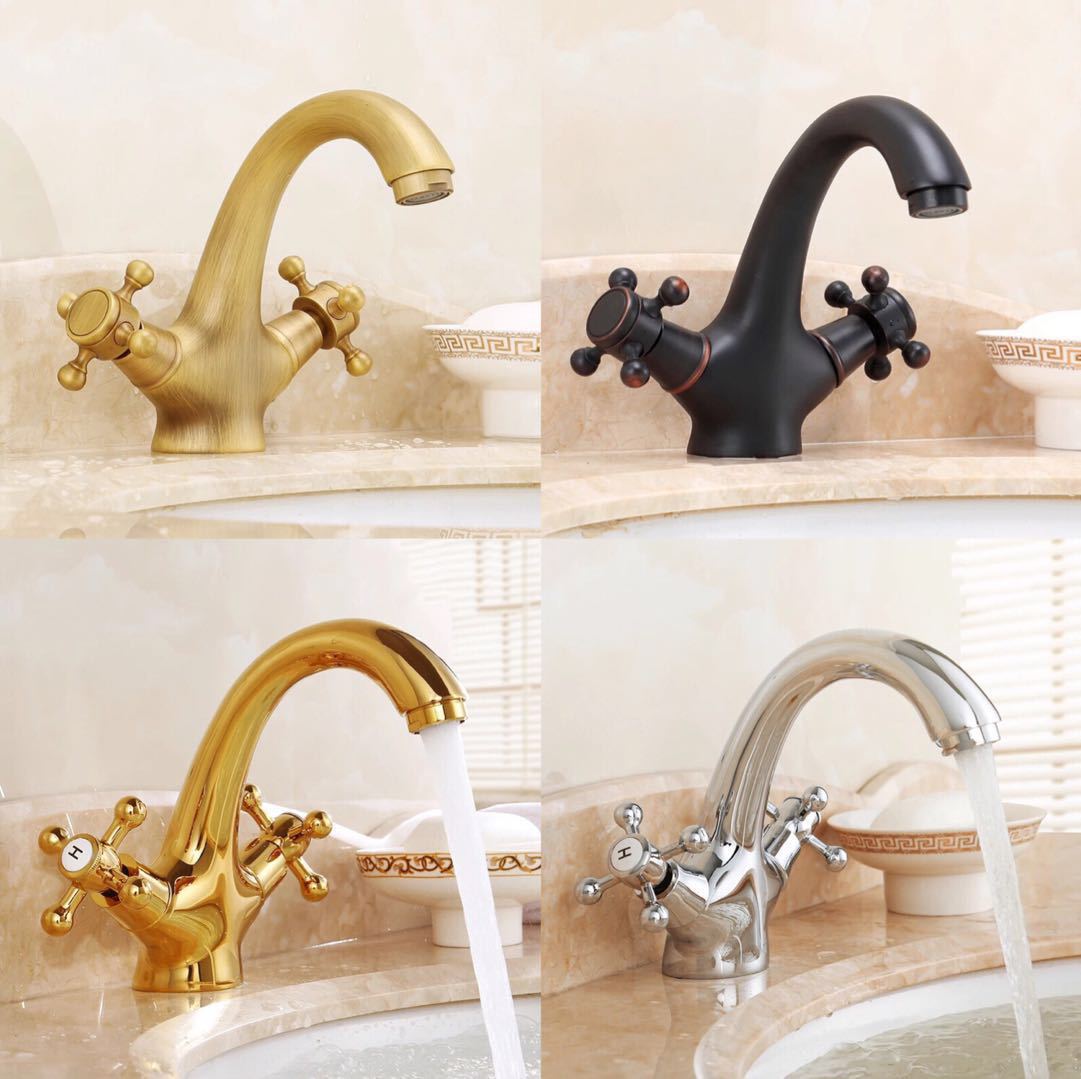 European-style copper double-handle golden faucet, antique washbasin faucet, bathroom hand washing, hot and cold washbasin, retro faucet Item Picture