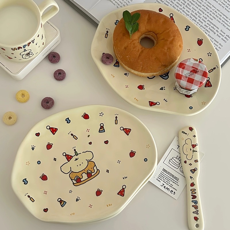 Ins-style irregular dessert plate, cute cake, dog illustration, cream-colored breakfast plate, ceramic household tableware Item Picture