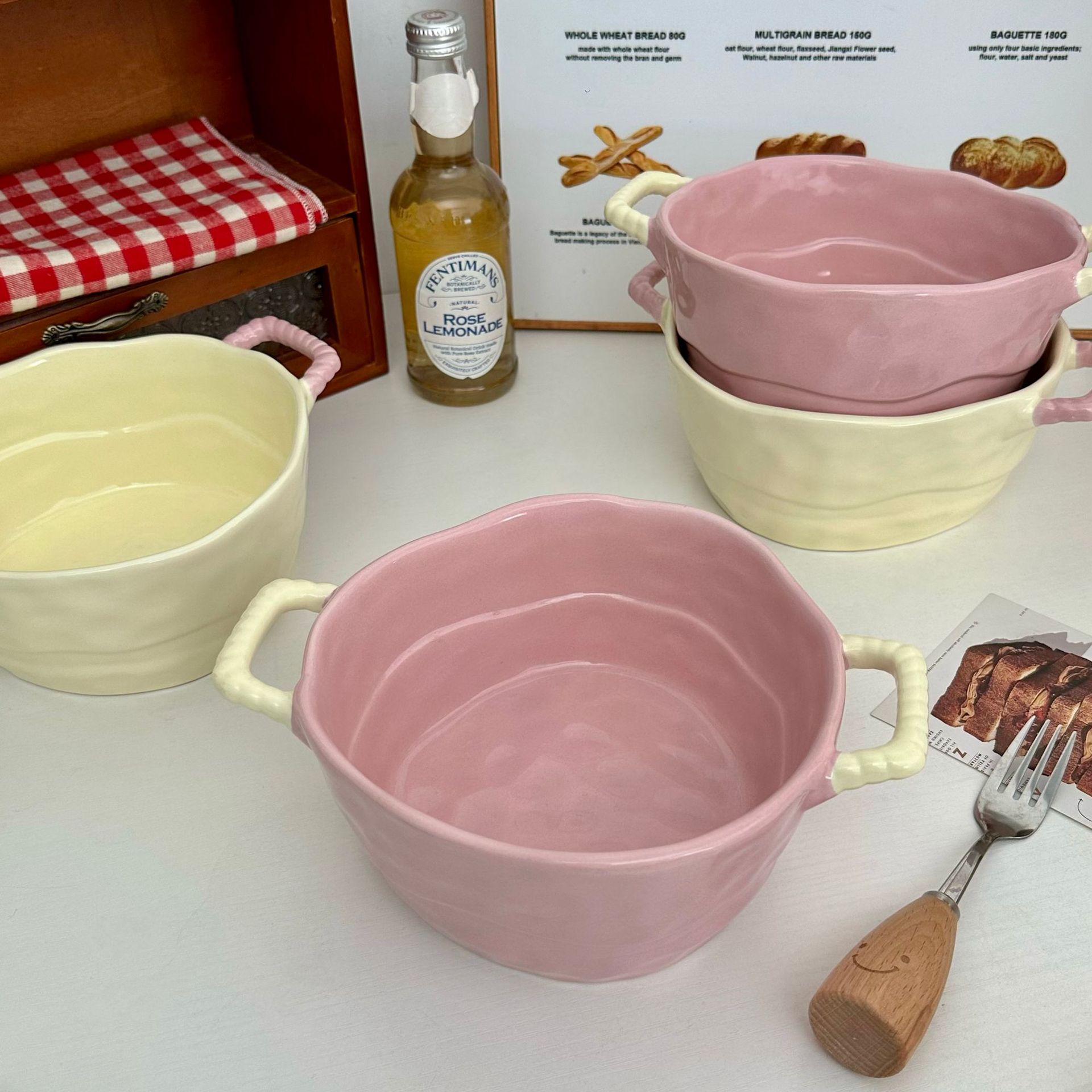 High-quality double-eared ceramic tableware for home use and dormitories, instant noodle bowls, soup bowls, noodle bowls, salad and fruit bowls, baking bowls full figure