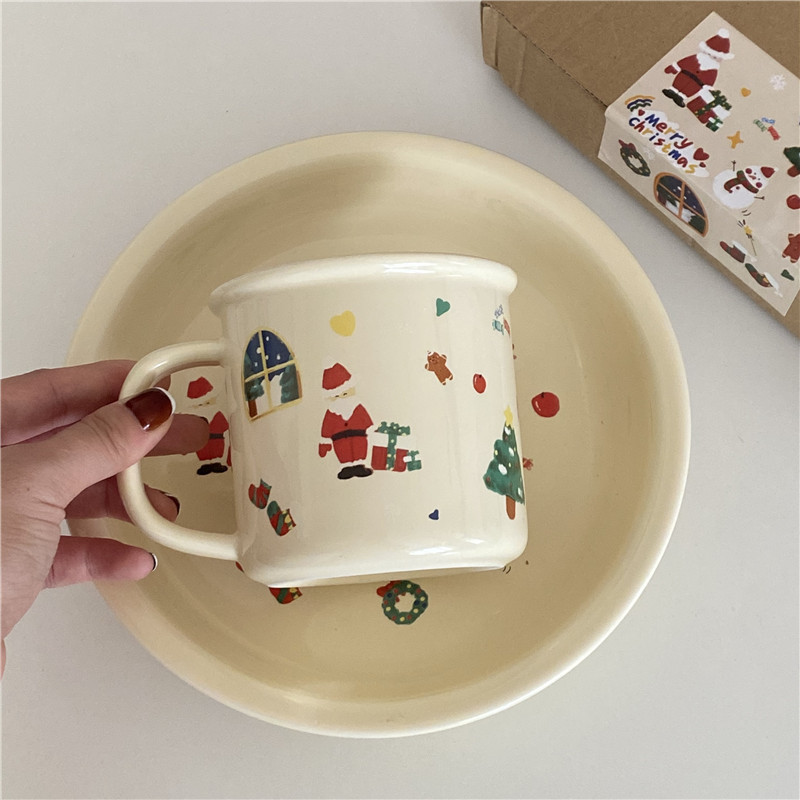 Christmas limited edition! Cute cream graffiti Christmas ceramic cup dessert plate set mug Christmas decoration gift Application Scenario