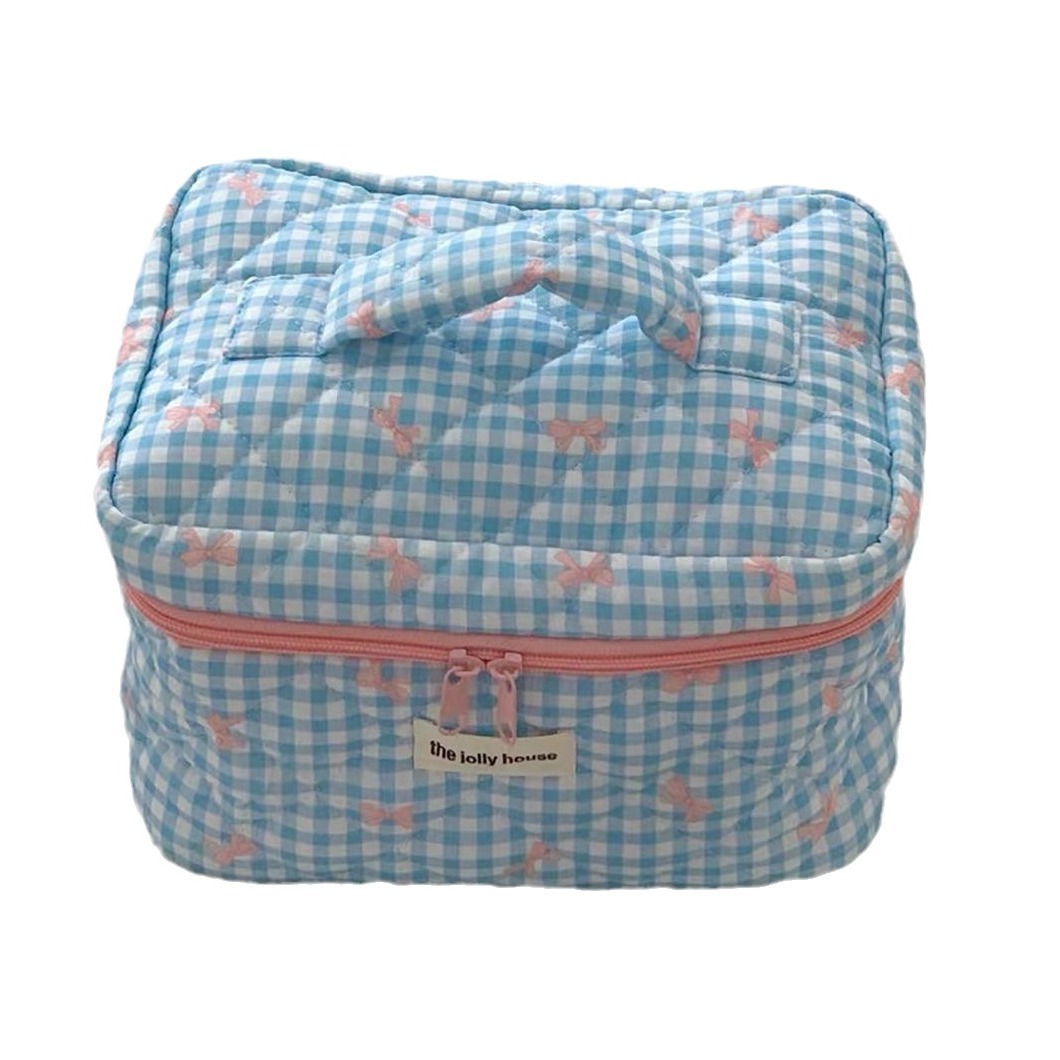 Checkered bow makeup bag, large-capacity sweet student quilted storage bag, portable soft handbag, toiletry bag Item Picture
