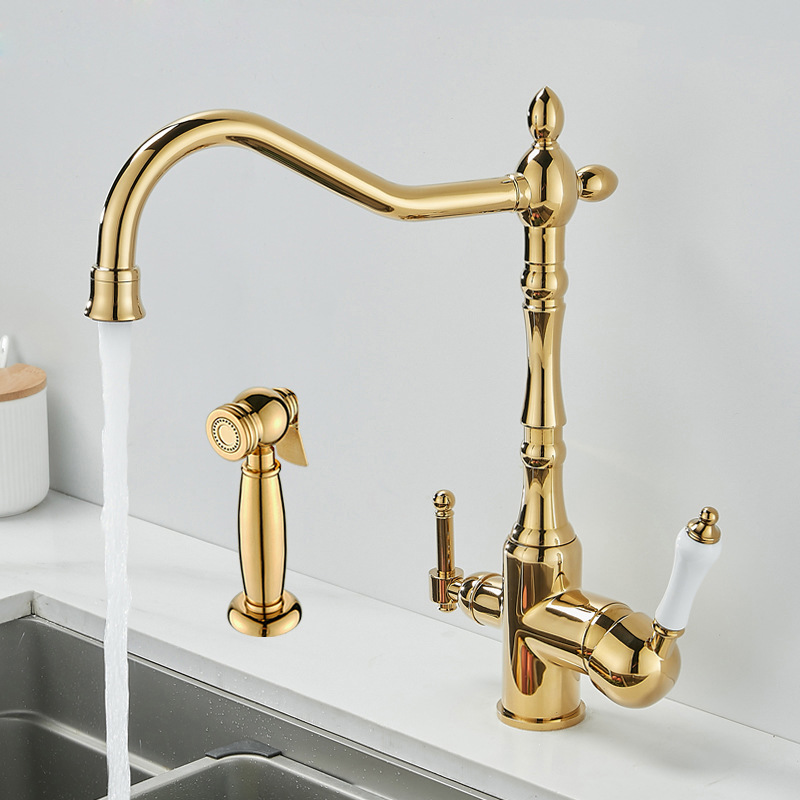 Retro European-style ceramic sink, kitchen faucet, three-in-one cold and hot anti-splash, rotating direct drinking water, zirconium gold full figure