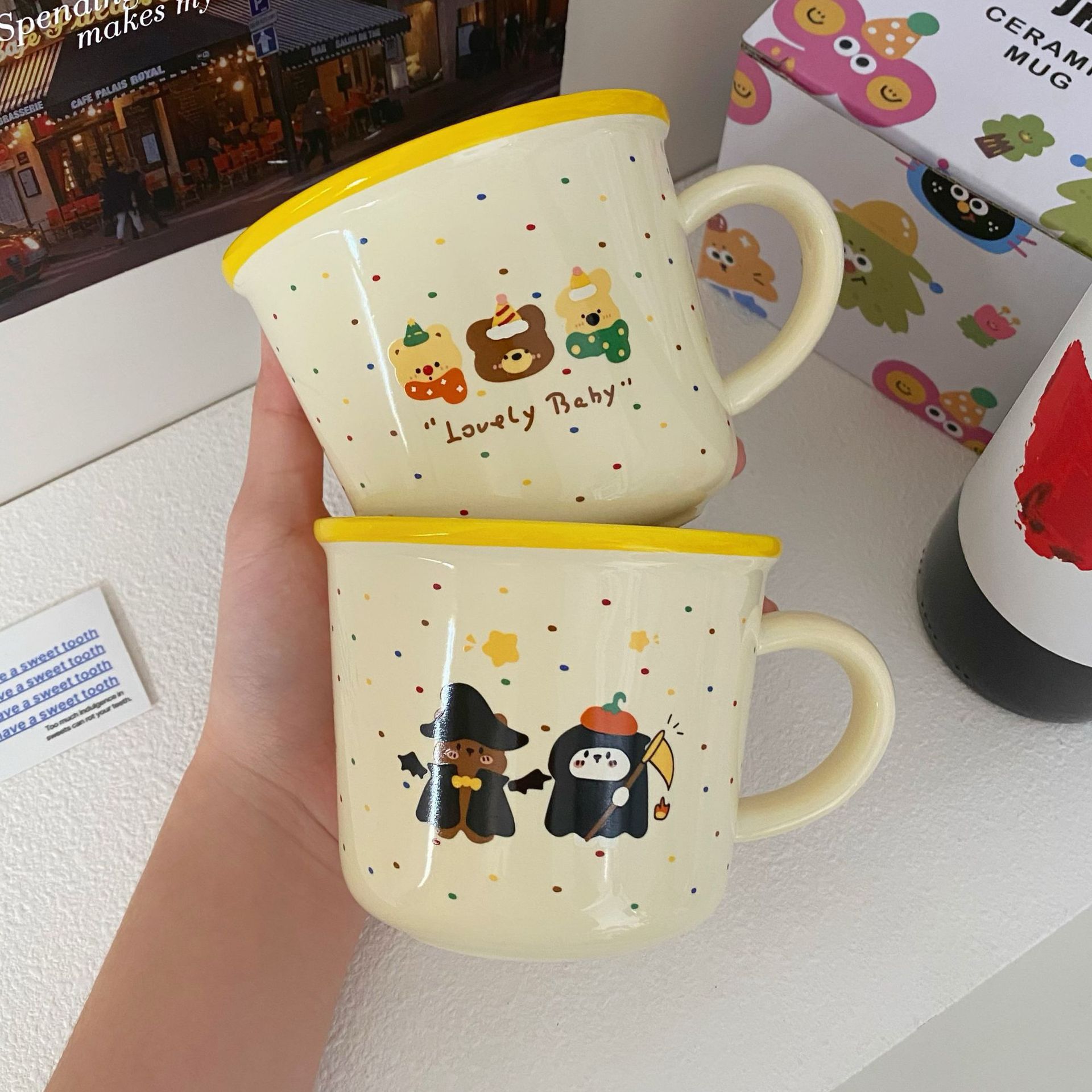 Cute colorful polka dot mugs, milk coffee cups with cartoon illustrations, ceramic cups, gift boxes Specification drawing