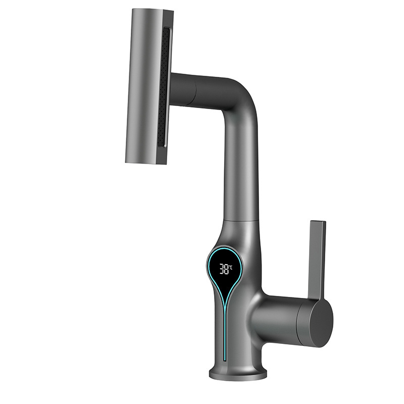 LED digital display lift and pull type washbasin faucet, cold and hot bathroom washbasin, washbasin and under-sink faucet Item Picture