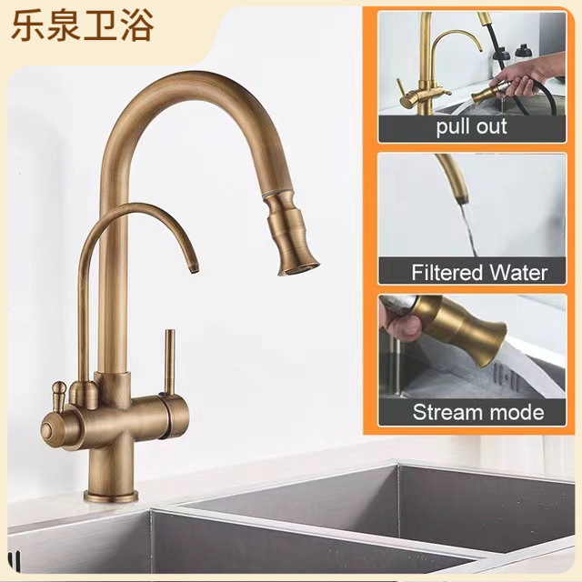 Cross-border retro European-style pull-out faucet, antique brushed gold sink, pull-out kitchen hot and cold water faucet details Picture